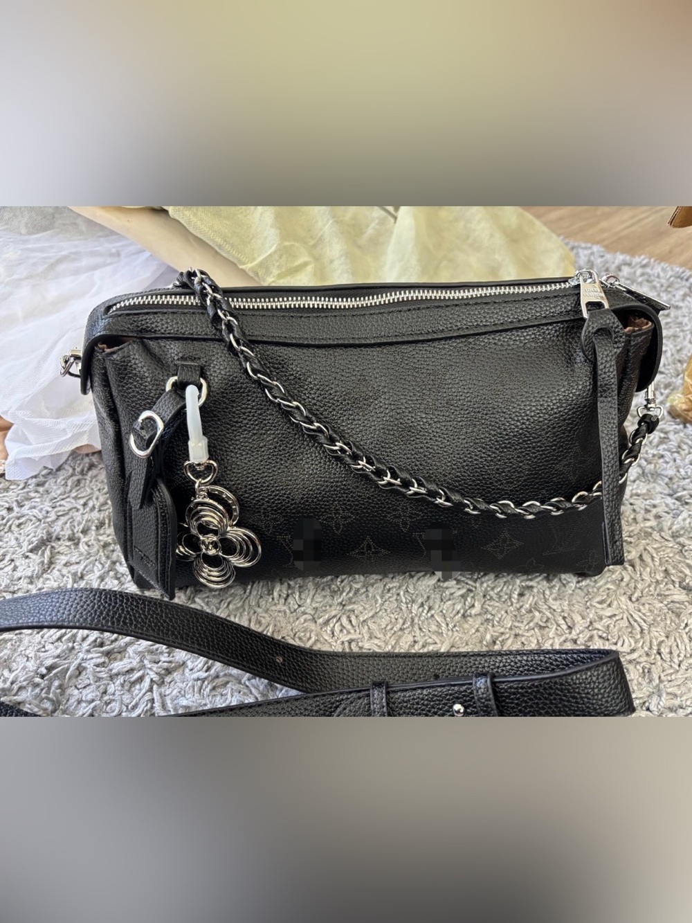 Black Shoulder Bag with Silver Chain and Flower Charm